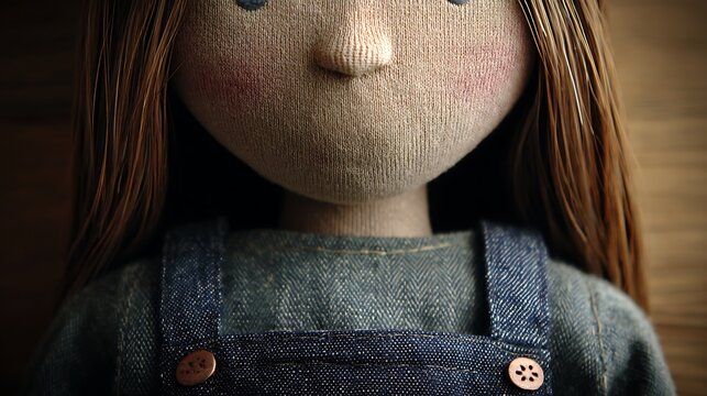 Charming handmade cloth doll with long brown hair wearing denim overalls a captivating textile art creation