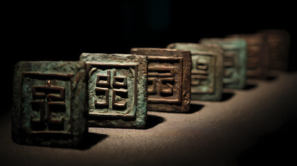 Ancient Chinese Bronze Coins with Square Center Holes Arranged in Diagonal Line with Aged Patina