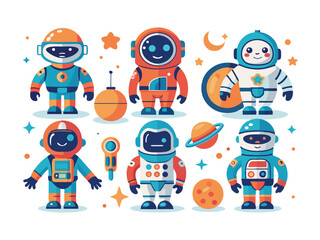 Fototapeta premium Adorable cartoon astronauts and robots space set 