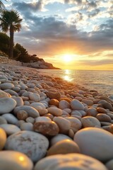 Golden sunset over a pebble beach