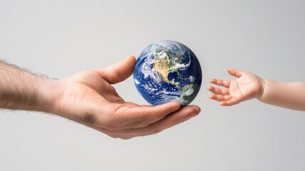 Adult hand gives baby hand the planet earth. Earth Day theme background wallpaper.