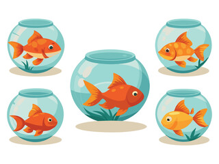 Fototapeta premium Five goldfish in glass bowls illustration 