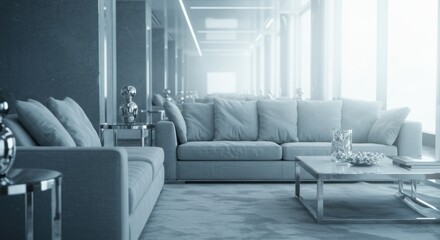 Cool-Toned Lounge with Gray Sofa and Silver Accents