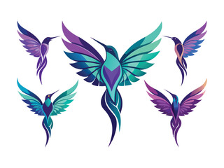 Collection of abstract hummingbird designs in vibrant colors
