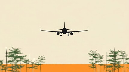 Airplane silhouette over sunset forest: aviation and nature harmony