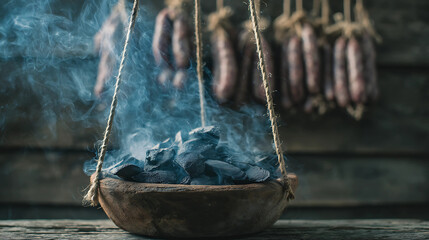 Hickory Wood Chunks Smoldering in Suspended Bowl with Hanging Sausages Being Traditionally Smoked