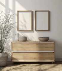 Minimalist Light Wood Chest with White Stripes & Frames