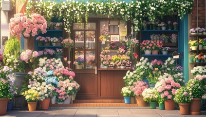 Fototapeta premium Charming floral shop facade, vibrant blooms