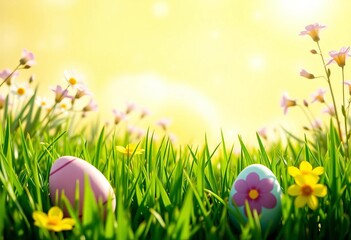 Vibrant green spring grass, pastel eggs, blooming flowers, sunny yellow sky, art, white