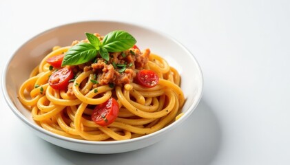 Close-up of rustic Italian pasta dish on white , traditional, dish