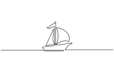 Vector continuous one simple single abstract line drawing of Sailboat travel, Simple illustration of a sailboat in the sea drawn with a continuous black line on a white background, minimalist design.