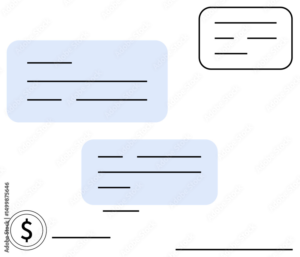 Poster floating text boxes with message lines paired with a dollar coin icon, representing financial or com