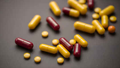 Capsules and tablets on dark surface close-up medicine health macro photography