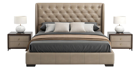 Beige Leather Upholstered Bed with Nightstands on transparent background
