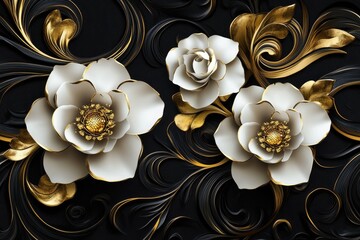 Ornate black background with gold and white flowers
