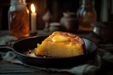 Golden cornbread in cast iron skillet with butter slice melting on top