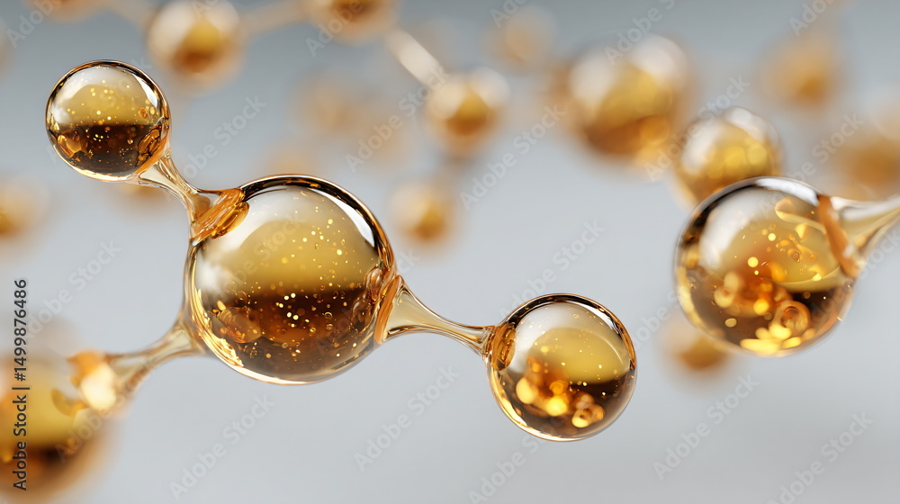 Poster transparent golden molecular structure with small particles inside. abstract scientific background f