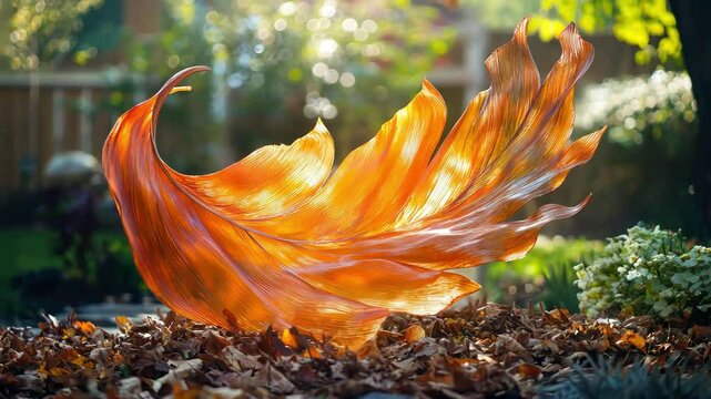 translucent, orange leaf fallen on ground covered with fallen leaves and soft garden background