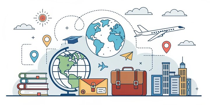 Global Education and Travel World Map, Plane and Books. Study Abroad, Travel Icon