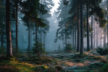 Misty Pine Forest Morning with Dewy Moss and Sunlight Filtering Through