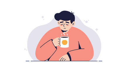 Tired freelancer holding coffee mug and looking pensive at home  