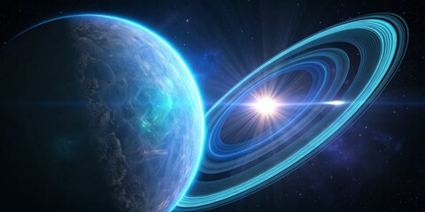 Obraz premium Glowing Ringed Planet Sci-Fi Galaxy View, Space , Cosmos