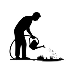 Silhouette of a man watering plants with a hose, standing in a garden beside a watering can, isolated on a white background, symbolizing gardening and outdoor care.