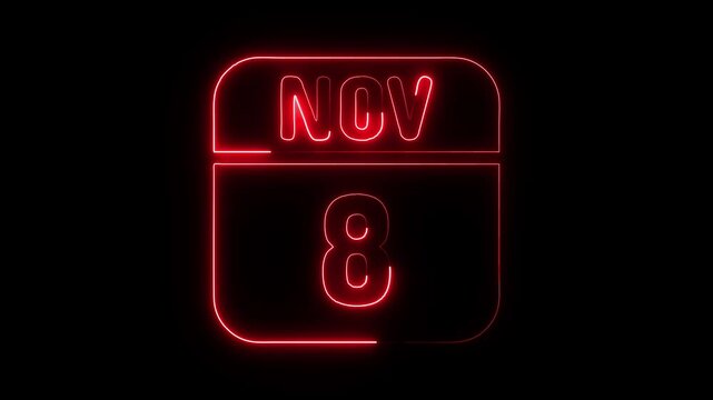 Glowing neon 8 november icon isolated on black background.a neon sign with a calendar that says "8 DAYS". HD Video motion graphic animation
