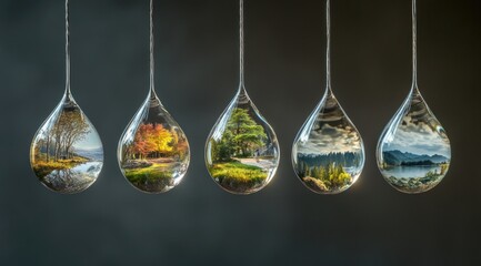 Five teardrop-shaped pendants, each showcasing a distinct season's landscape scene within; autumnal hues, winter's stillness, spring's vibrancy, and summer's lushness