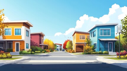 Vibrant Suburban Street Scene: Colorful Autumn Houses