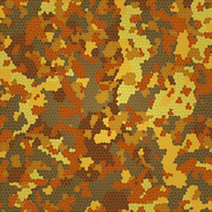 Abstract desert camouflage pattern in warm tones of yellow, brown, and orange with a mosaic texture. Ideal for military design, backgrounds, textiles, tactical themes, or digital artwork