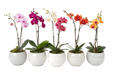 Fototapeta premium Five mini orchids in stylish round pots, spaced evenly, with a transparent background