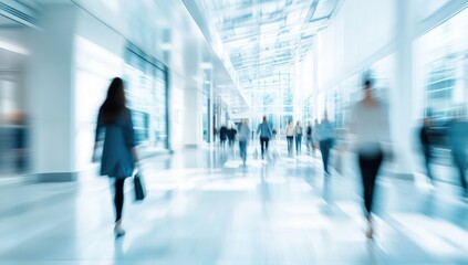 Blurred motion of people walking in a light-filled, modern shopping mall corridor