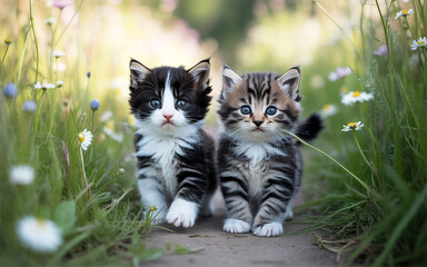 Fototapeta premium Two adorable kitten calico and tabby kittens walking through a springtime meadow