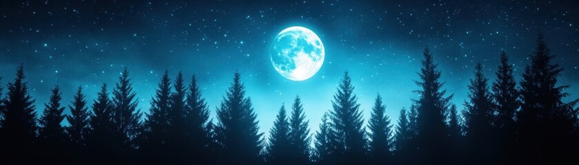 A bright full moon rises over a forest of pine trees under a starry night sky, creating a serene and mystical atmosphere.