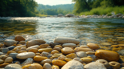 Detailed view of smooth pebbles spread across a riverbank