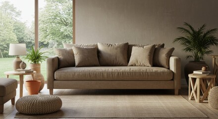 Taupe Lounge with Suede Sofa and Earth-Toned Decor