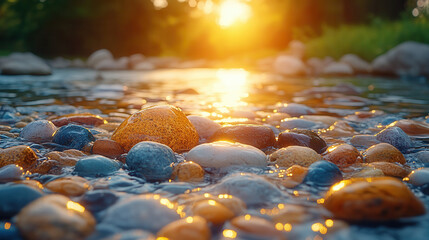 Smooth stones scattered along riverbank, detailed close-up