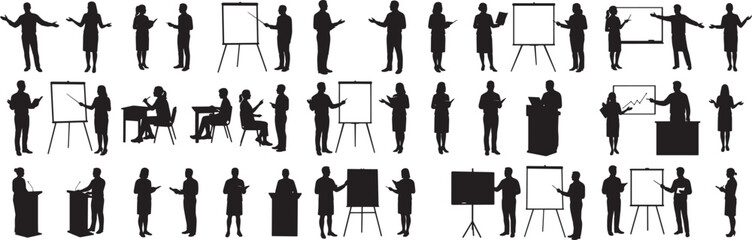 Presentation silhouettes vector set of people presenting and teaching with boards and podiums in black