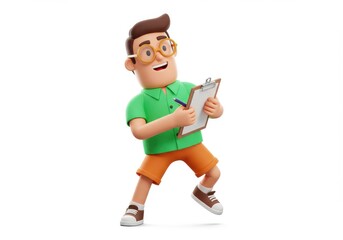 Fototapeta premium Cartoon man holding clipboard isolated on white background and smiling