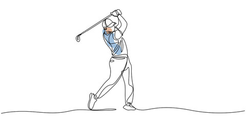 Man playing golf continuous one line drawing. professional golfer swinging the stick in single line art illustration. Editable vector, Man playing golf continuous one line drawing. professional golfer