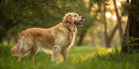 Fototapeta premium Majestic Golden Retriever in Sun-Dappled Forest, Canine, Portrait