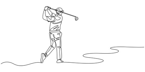 Man playing golf continuous one line drawing. professional golfer swinging the stick in single line art illustration. Editable vector, Man playing golf continuous one line drawing. professional golfer