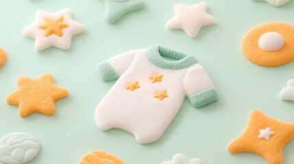 Adorable baby clothes shaped sugar cookies with pastel stars and moon decorations. Perfect for baby shower, birthday, or newborn announcement.