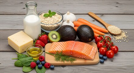 Healthy Balanced Diet Food Ingredients Salmon Oats Berries Avocado More