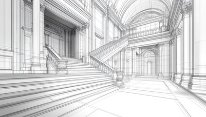 Architectural drawing of grand hall with staircase