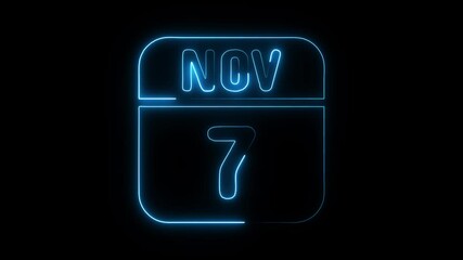 Glowing neon 7 november icon isolated on black background.a neon sign with a calendar that says "7 DAYS". HD Video motion graphic animation