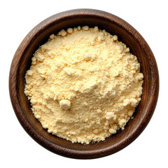 Raw chickpea flour in a wooden bowl on transparent background