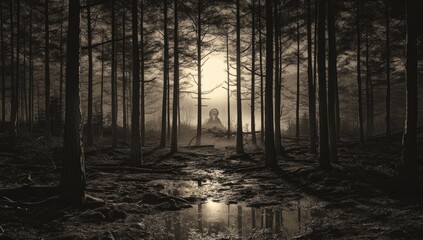 Fototapeta premium Misty, dark forest scene with indistinct structure