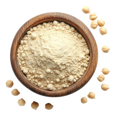 Raw chickpea flour in a wooden bowl on transparent background
